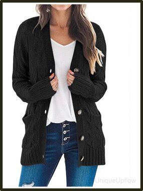 Cable Knit Button Down Cardigan Sweater Long Sleeve V-Neck Pockets Black M